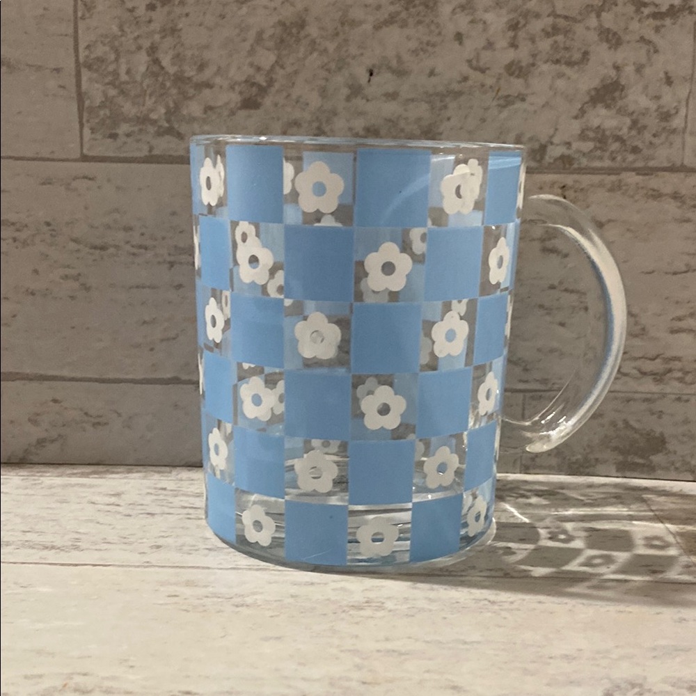 Clear Glass Checked Checkered Blue & White Floral Coffee Tea Mug
